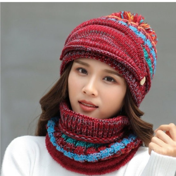 Women Winter Warm Red Hat with Face mask covering Beanie Knit Scarf Cover NEW OS - Picture 3 of 12